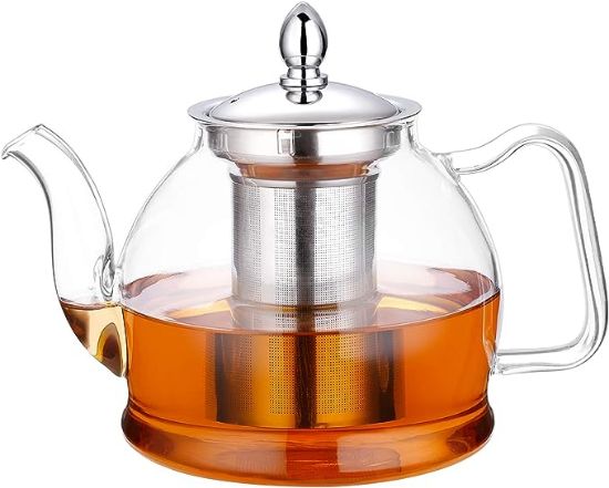图片 玻璃茶壶 1000ml，带可拆卸式冲泡器、炉灶安全茶壶、开花和散叶茶具