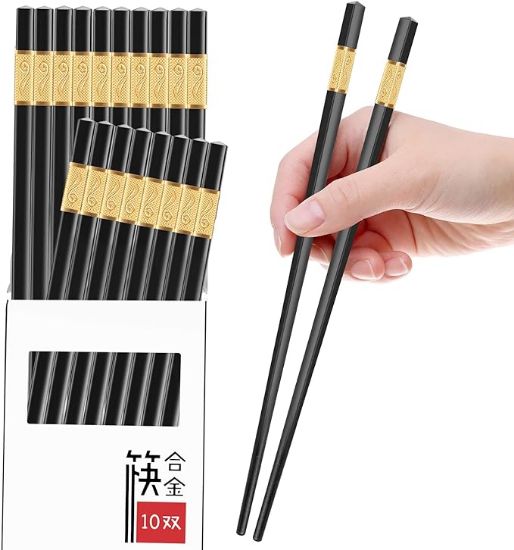 图片 10双可重复使用的筷子洗碗机安全，9.5英寸玻璃纤维筷子套装，日式中韩食品筷子，防滑，易于使用